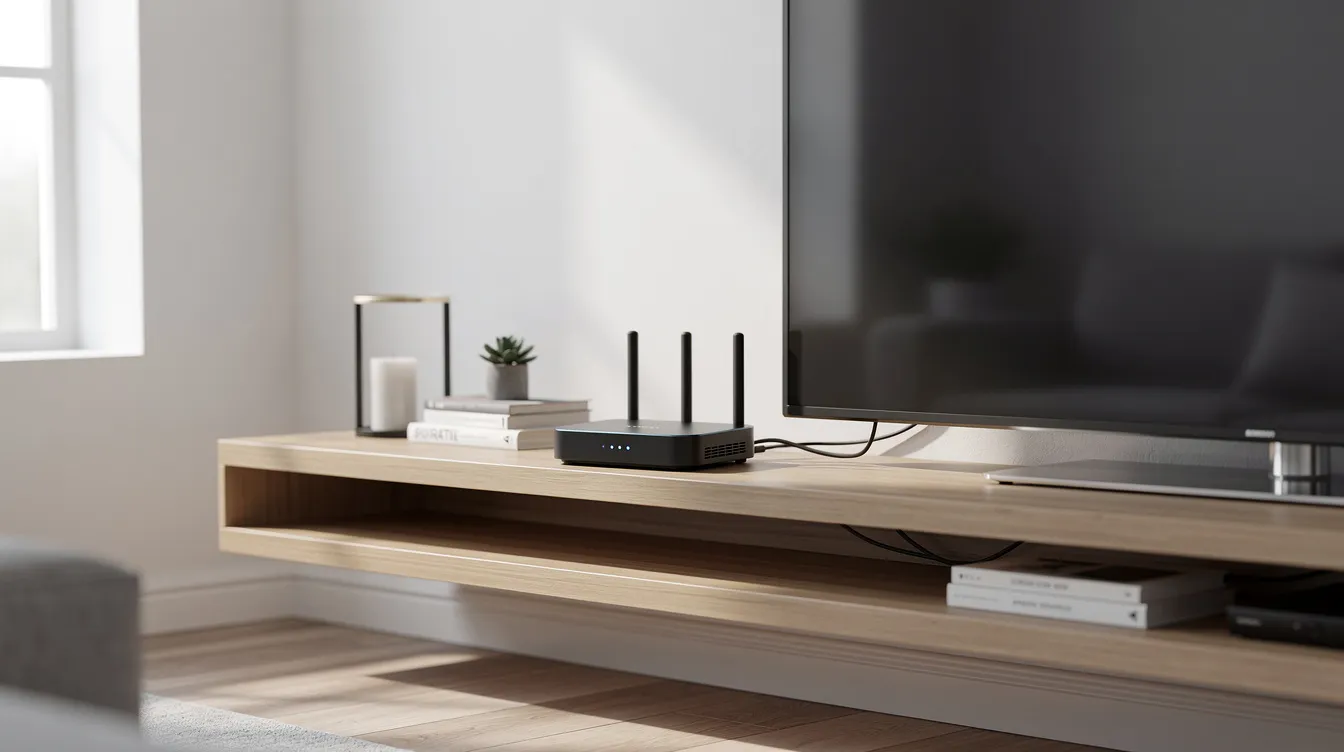A sleek modern Wi-Fi router sits on a shelf next to a television in a clean contemporary living room, providing a stable internet connection for streaming services like IPTV Canada. The setup suggests a cozy environment for enjoying live TV channels and international content on smart devices.