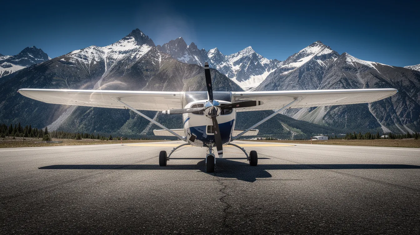 A small single-engine aircraft is positioned on a runway at a mountain airport, with heat shimmer rising from the pavement under warmer air conditions. The towering peaks in the background highlight the high elevations, while the scene reflects the atmospheric pressure and temperature variations typical of mountainous terrain.