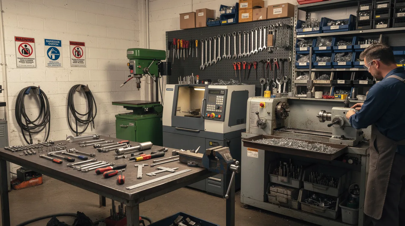 5089805b 03cf 4349 8190 154e16c14c59 The image depicts a small manufacturing workshop filled with various machinery and tools, illustrating a space where small and micro enterprises can operate efficiently. This workshop symbolizes the potential for business growth supported by financial assistance options like mudra loans, which are essential for cash flow and business operations.