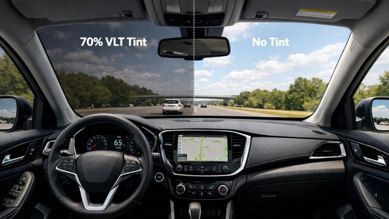 Comparison of visibility through windshield with 70% tint film vs. no tint
