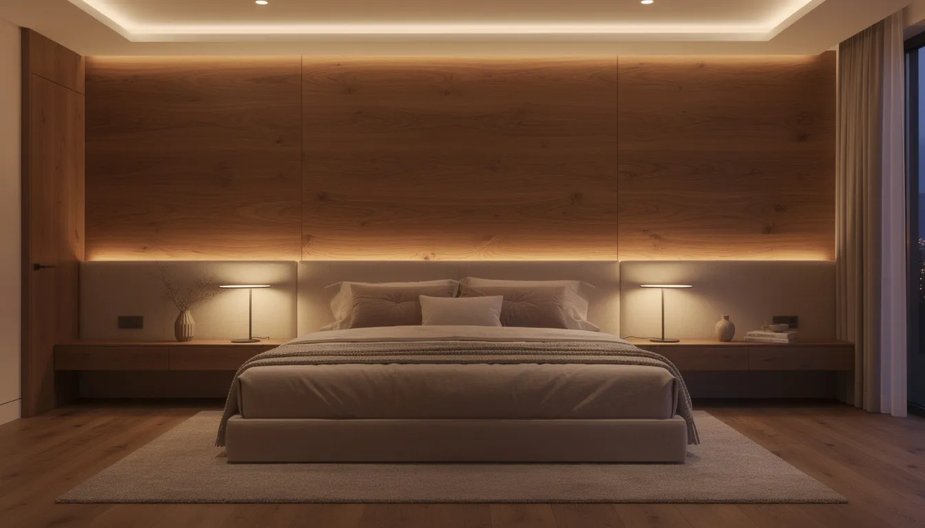 Een luxe slaapkamer met een groot houten wandpaneel achter het bed, dat zorgt voor een stijlvolle uitstraling en een natuurlijke look. De zachte verlichting creëert een warme sfeer, terwijl het wandpaneel ook bijdraagt aan de verbeterde akoestiek van de ruimte.