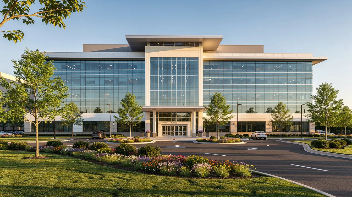 The image depicts a modern hospital building with a sleek glass facade, set in a sunny environment, featuring a beautifully landscaped entrance. This multi-speciality hospital represents advancements in the Indian healthcare delivery system, aimed at providing comprehensive cancer care and other medical services.
