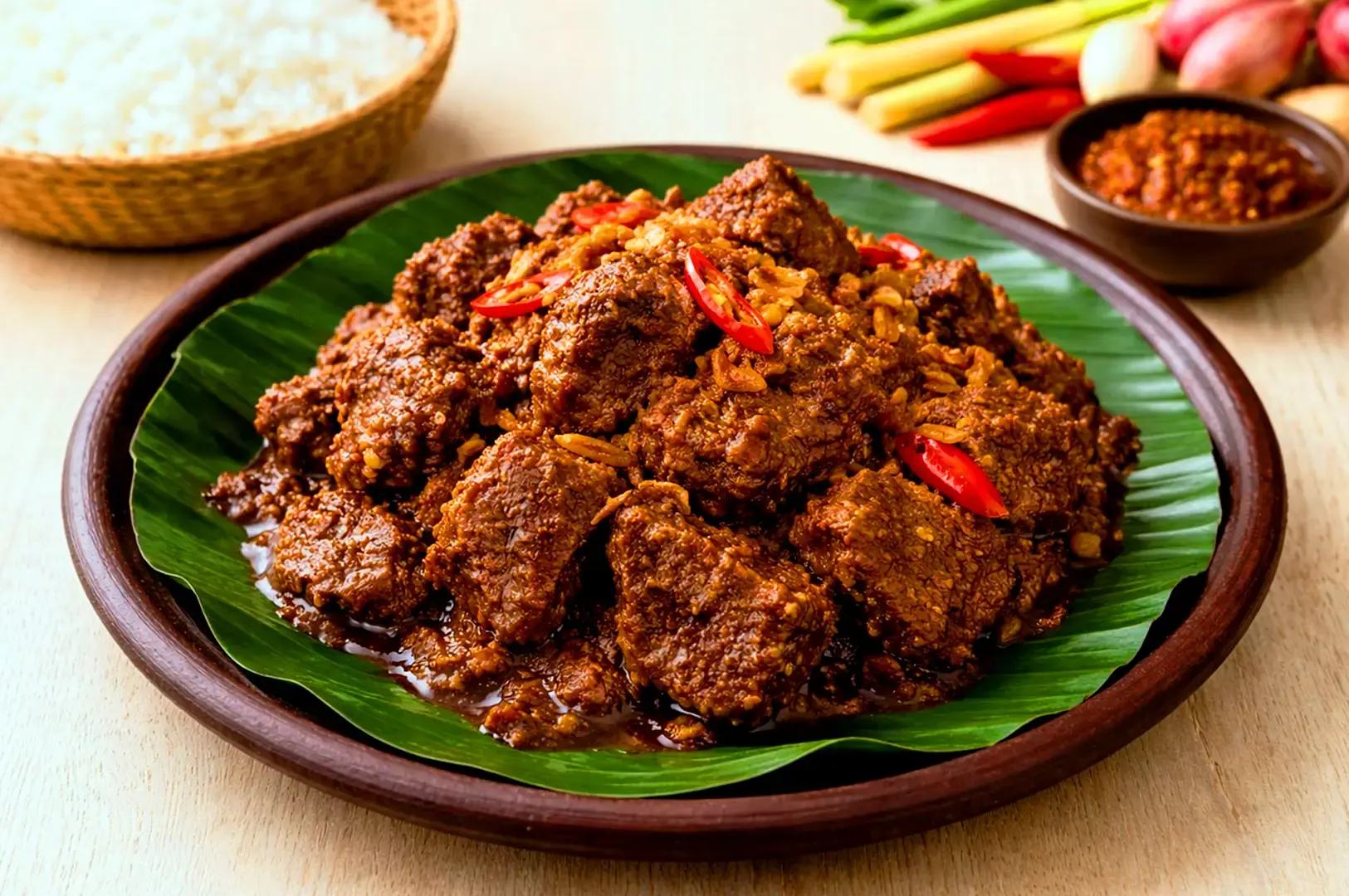 Indonesian beef rendang served with rice, banana leaf and traditional spices