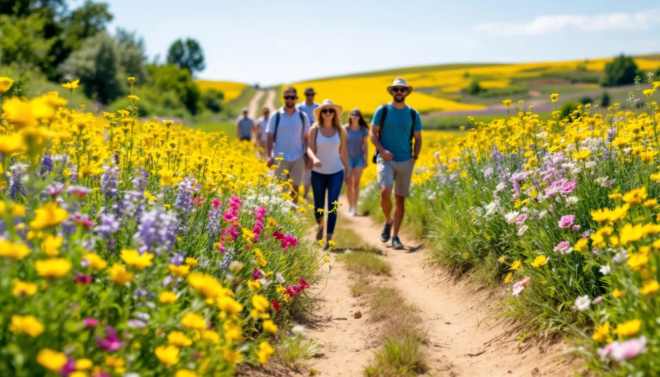 Tourists stroll along a path surrounded by vibrant fields of spring flowers, showcasing bright rich colours in shades of pink, yellow, and purple, typical of the flower season in the West Coast National Park of South Africa. The scene is filled with sweetly scented blooms, attracting butterflies and creating a picturesque spring garden atmosphere.