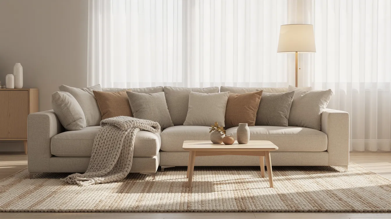 Ett modernt vardagsrum med en mjuk beige soffa, som är tre sits och omgiven av färgglada kuddar och varma textilier. Rummet erbjuder en inbjudande atmosfär med hög kvalitet och komfort, perfekt för avkoppling.