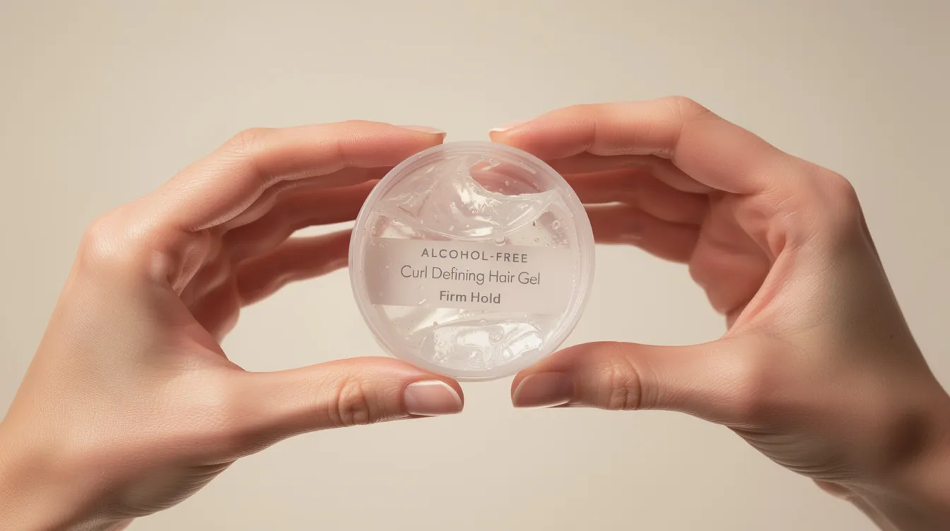 A close-up view of hands examining a jar of alcohol-free hair gel, designed to enhance curl definition and provide a firm hold for various hair types. The product features natural ingredients and is ideal for styling damp or dry hair without the buildup common in other gels.