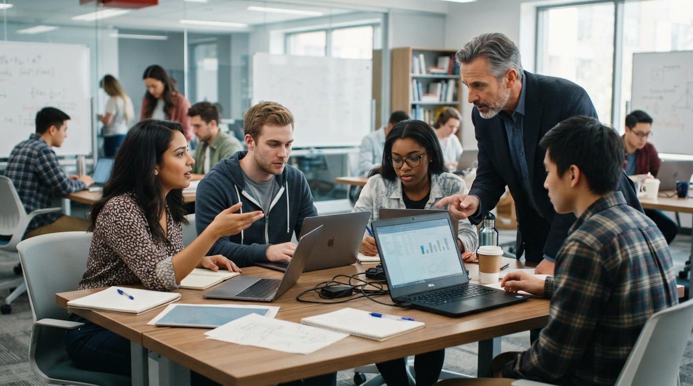 Photorealistic professor mentoring university students engaged in active problem-solving on laptops, collaborative learning environment, realistic corporate education photography.