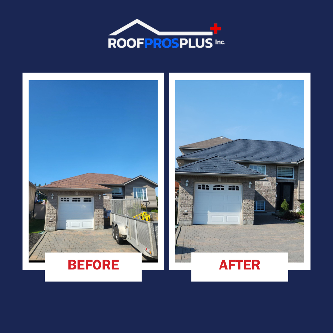 A side-by-side image of a house's roof before and after a metal roof installation. The left shows a worn brown roof, the right a new black metal roof. 