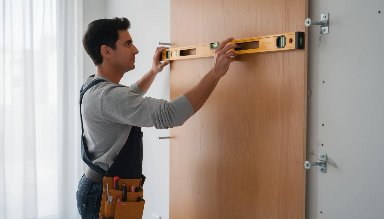 Een persoon plaatst een houten wandpaneel tegen de muur met behulp van een waterpas, wat zorgt voor een strakke afwerking. Deze decoratieve wandpanelen zijn een duurzame keuze voor een moderne uitstraling in verschillende ruimtes.