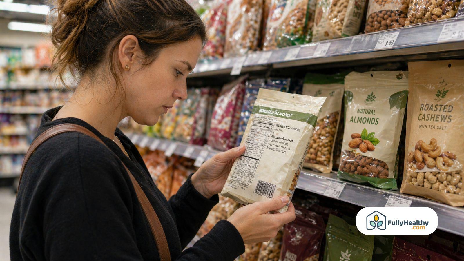 Woman checking the ingredient label on packaged nuts in a grocery store aisle.