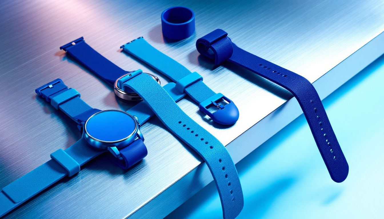 Key features of blue rubber watch straps showcased on a table.