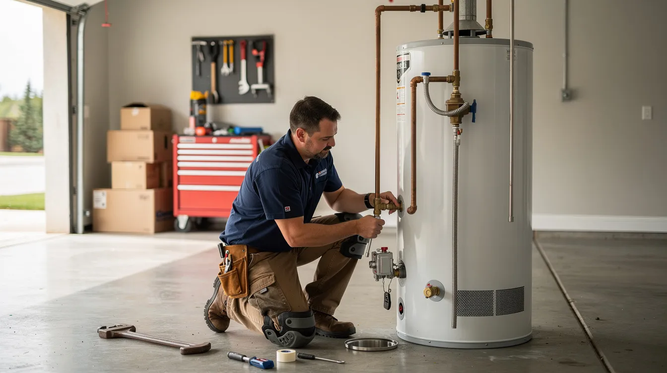 A plumber is seen installing a new water heater in a residential garage, showcasing their professional plumbing service. The image highlights the expertise of local plumbing professionals dedicated to providing reliable solutions for water heater replacements and other plumbing needs.