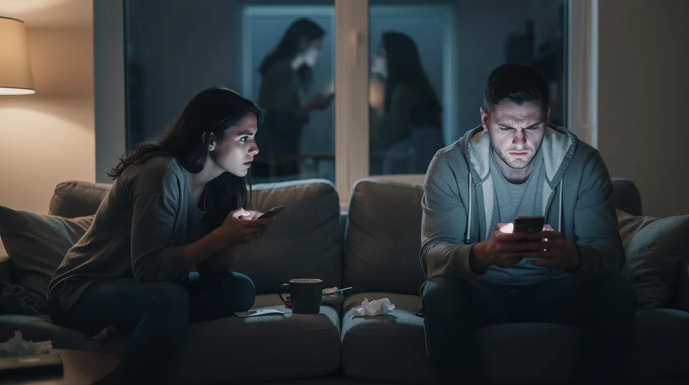The image depicts a couple sitting together, appearing emotionally distant, which illustrates the concept of toxic attachment styles in romantic relationships. Their body language suggests unhealthy emotional attachment, highlighting the challenges of maintaining healthy relationships amidst feelings of anxiety and insecurity.