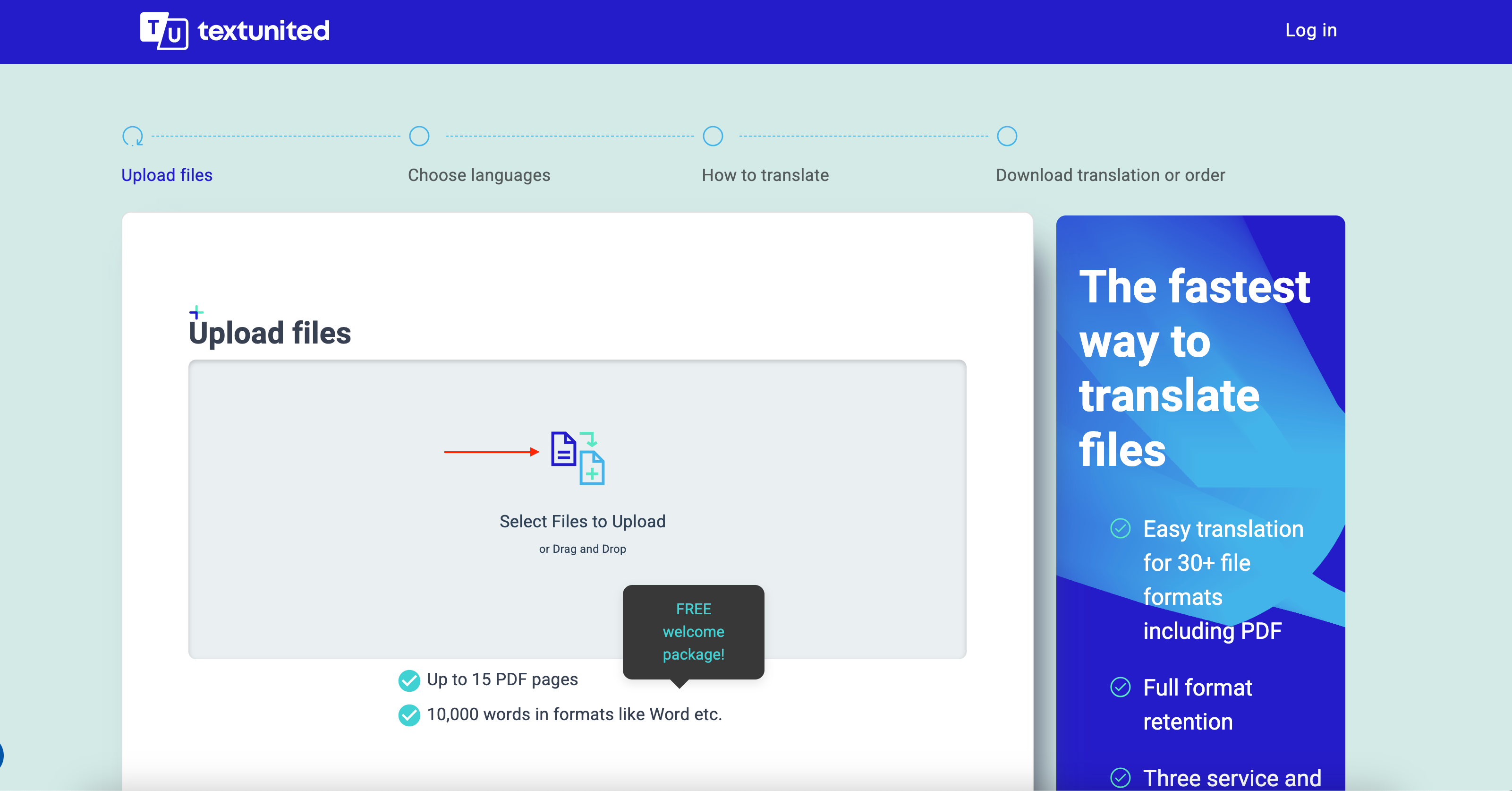 Showing the button to upload file(s) - cheap translation service 