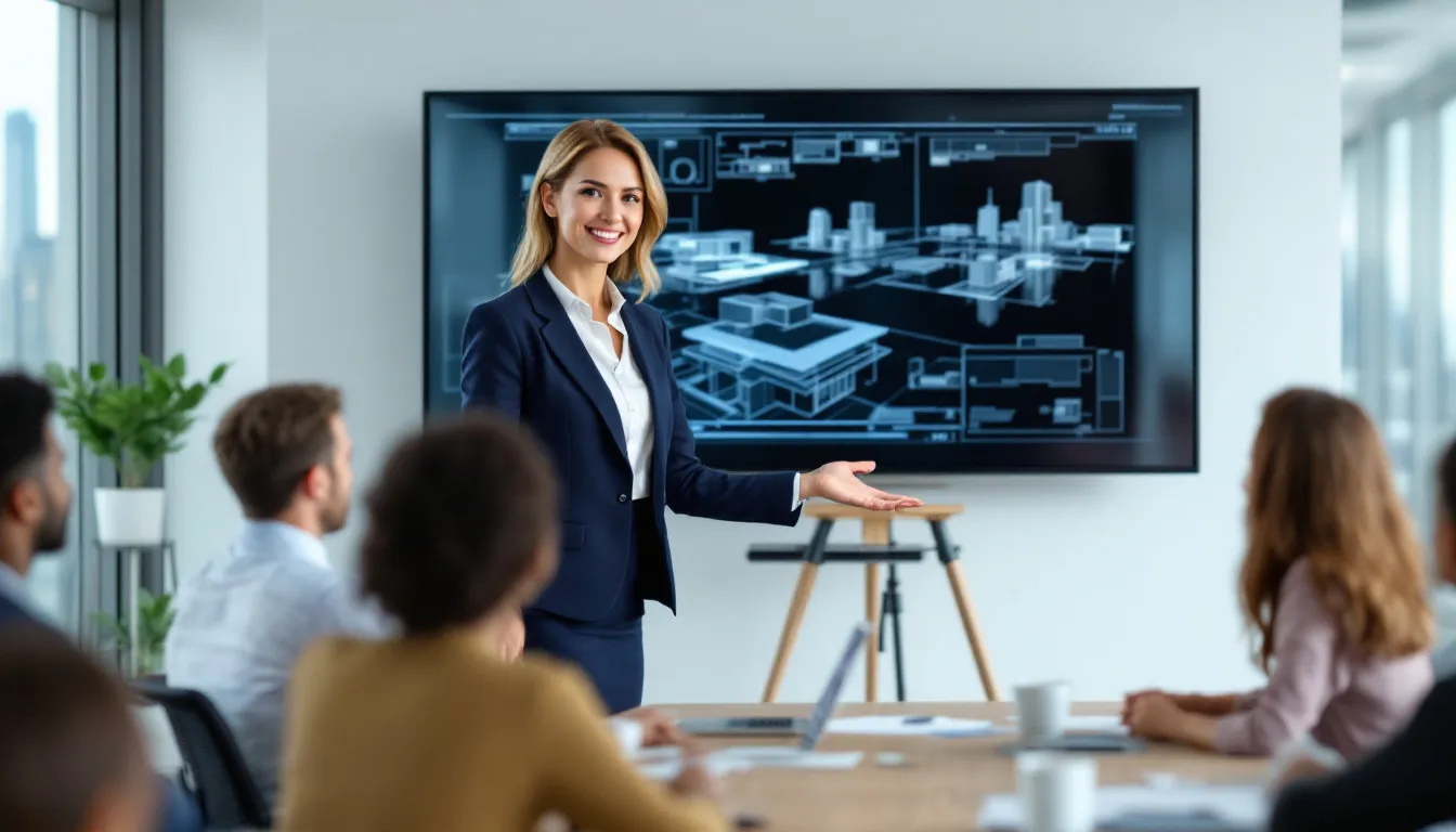 A professional woman architect confidently presents her innovative designs to a diverse team in a modern conference room, showcasing her unique skills and leadership in the architecture profession. This scene highlights the importance of diversity and representation in the workplace, as well as the ongoing challenges women face in pursuing successful careers compared to their male counterparts.