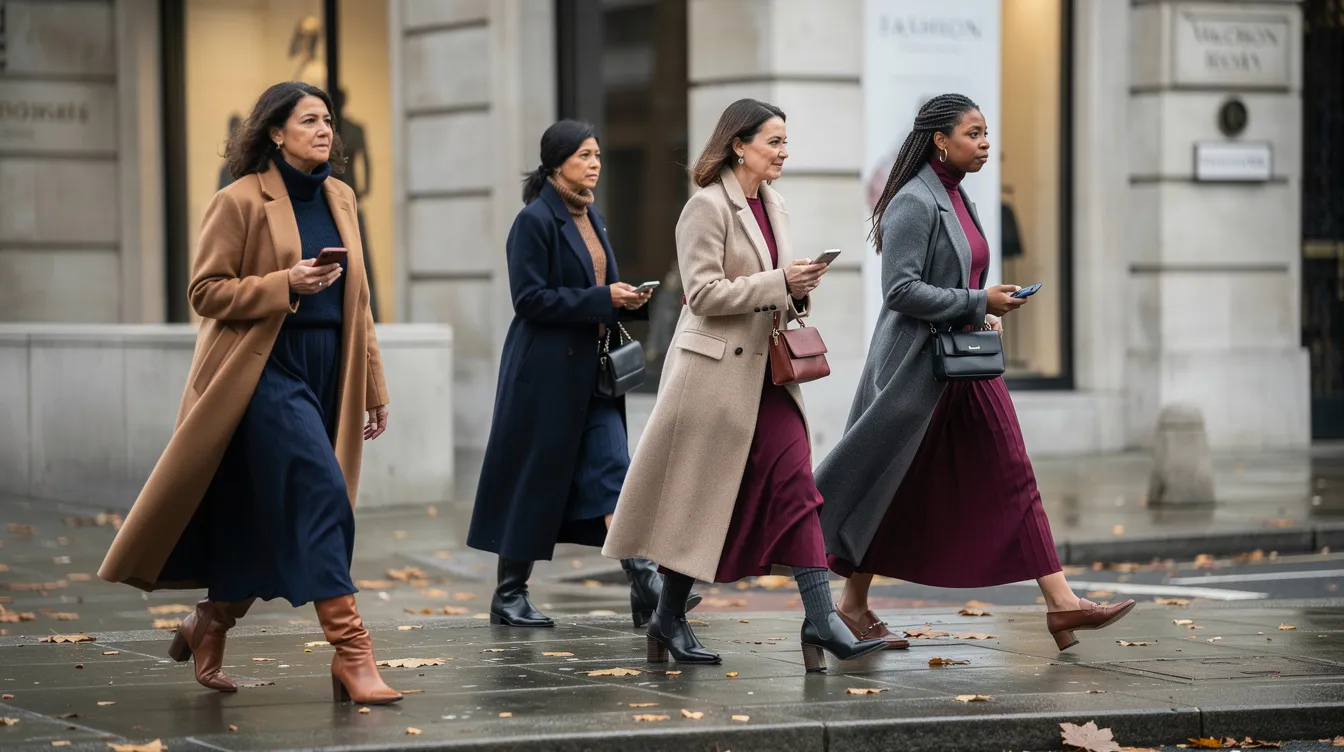A bustling street scene outside a London fashion venue during London Fashion Week, featuring well-dressed women in stylish autumn coats and midi skirts walking on a grey pavement under natural daylight. The atmosphere reflects the creativity and trends of the British fashion scene, showcasing the elegance of the season.