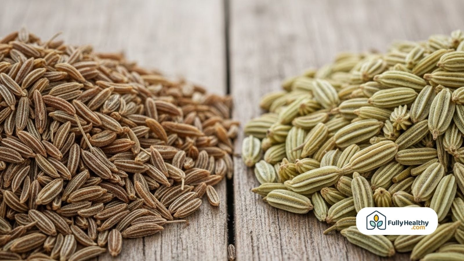 Side by side comparison of cumin seeds and fennel seeds highlighting differences in color and shape.