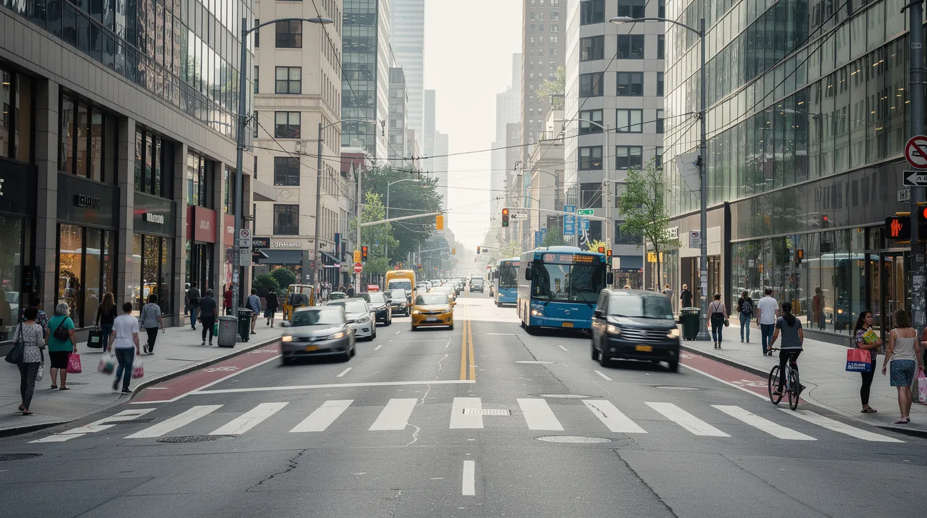The image depicts a bustling urban street filled with various vehicles, including cars, buses, and bicycles, alongside a diverse crowd of pedestrians navigating the sidewalks. This lively scene reflects the daily hustle of city life, where new drivers may be preparing for their driving tests, while others are simply enjoying the vibrant atmosphere.