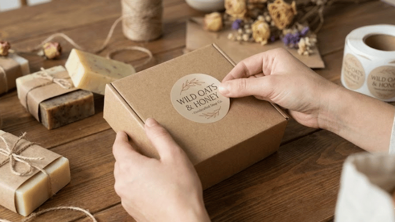 A woman is applying a custom sticker on the products' package.