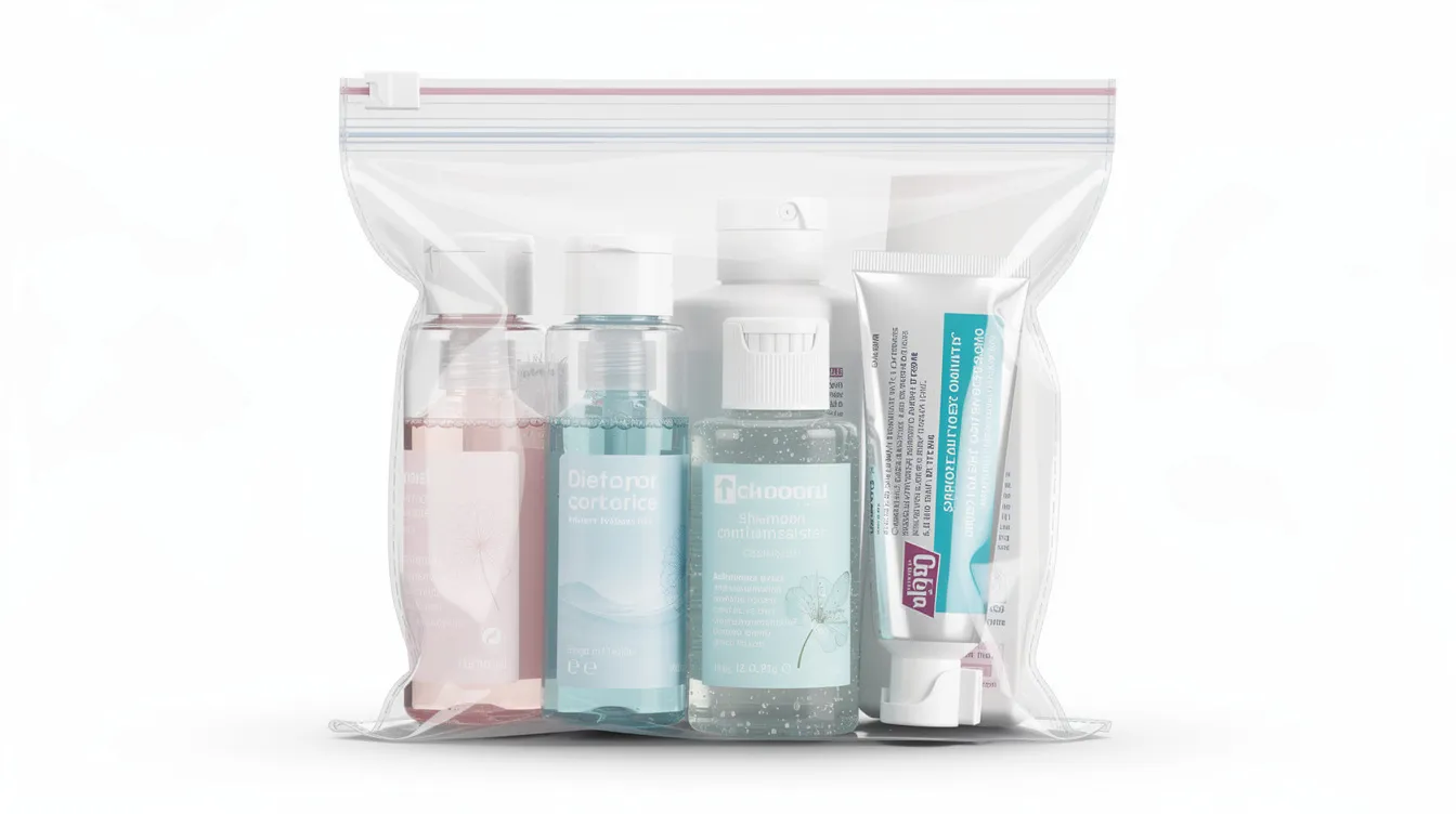 A clear quart-sized bag is filled with travel-sized toiletry bottles, including shampoo, lotion, and toothpaste, all compliant with TSA liquid rules for carry on luggage. The mini bottles are securely packed to meet airport security regulations for liquids.