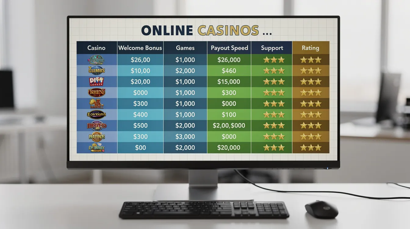 The image features a comparison chart on a monitor screen, highlighting various features and ratings of online casinos, including aspects like game selection, casino bonuses, and payment systems. It provides insights for UK players interested in the best USA casinos and their offerings, such as live dealer games and secure transactions.