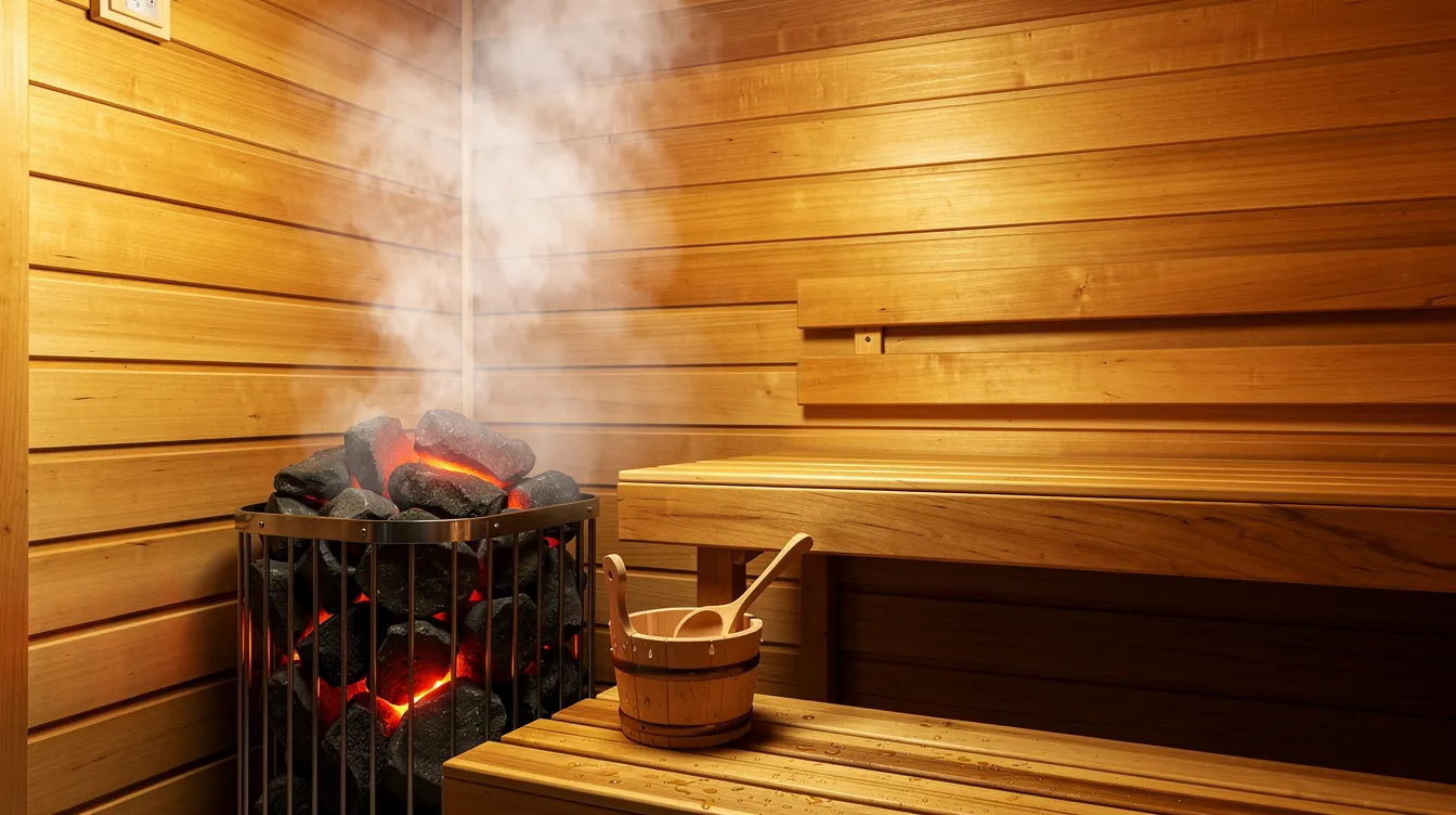 The image depicts the interior of a wooden sauna cabin, showcasing heated stones with soft steam rising, creating a relaxing atmosphere. The warm, inviting space emphasizes traditional sauna elements, ideal for sauna enthusiasts seeking an authentic sauna experience.