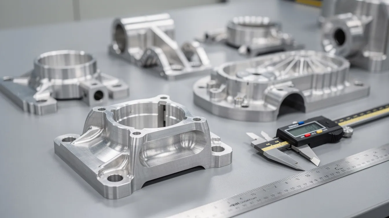 The image features an array of precision-machined aerospace components displayed on an inspection table, showcasing polished aluminum and titanium parts with intricate geometries. These high-quality components highlight the capabilities of CNC machines in modern manufacturing, emphasizing their role in producing complex designs with high accuracy.