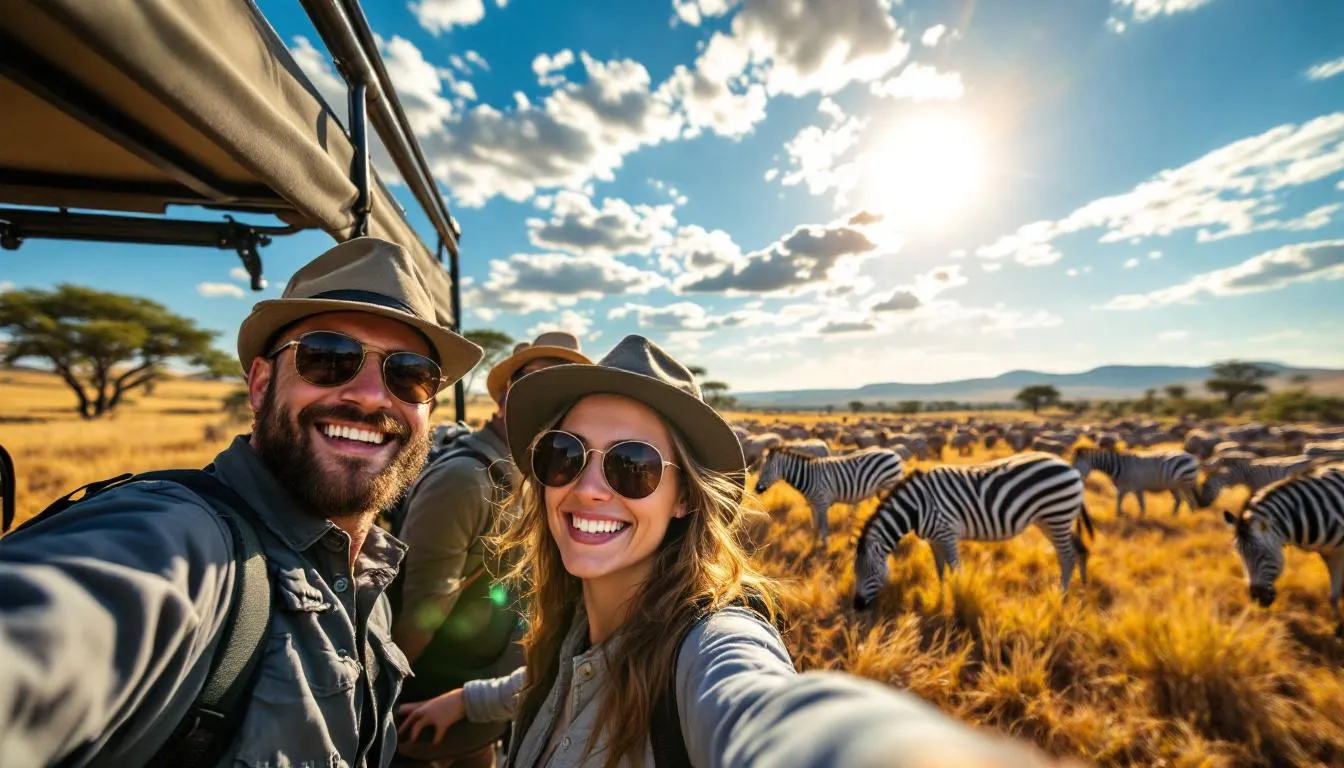 A group of tourists enjoying a budget safari tour in Kenya, highlighting affordable group safari experiences.