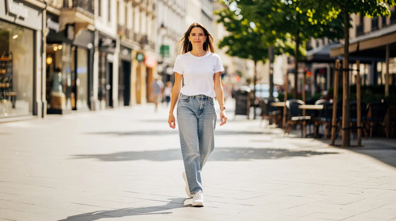 Eine Frau trägt lässige Opus Jeans und ein weißes T-Shirt, während sie entspannt durch eine sonnige Innenstadt spaziert. Ihr Outfit strahlt Komfort und Stil aus, perfekt für den Alltag und die Freizeit.