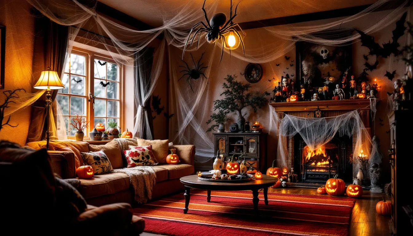 The image depicts a cozy room adorned with festive Halloween decor, including pumpkins, cobwebs, and spooky decorations. A soft, breathable pair of pajamas featuring Halloween-themed colors is neatly laid out on the bed, perfect for comfortable bedtime wear during the season.