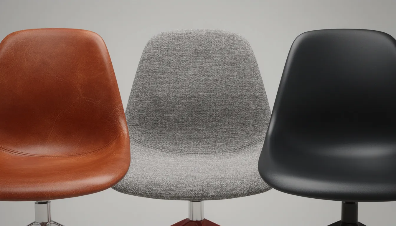 Close-up van verschillende stoelmaterialen, waaronder leer, stof en kunststof, die naast elkaar zijn gepresenteerd. Deze variëteit aan materialen biedt een ruime keuze voor het inrichten van een gezellige eetkamer met de juiste eetkamerstoelen.