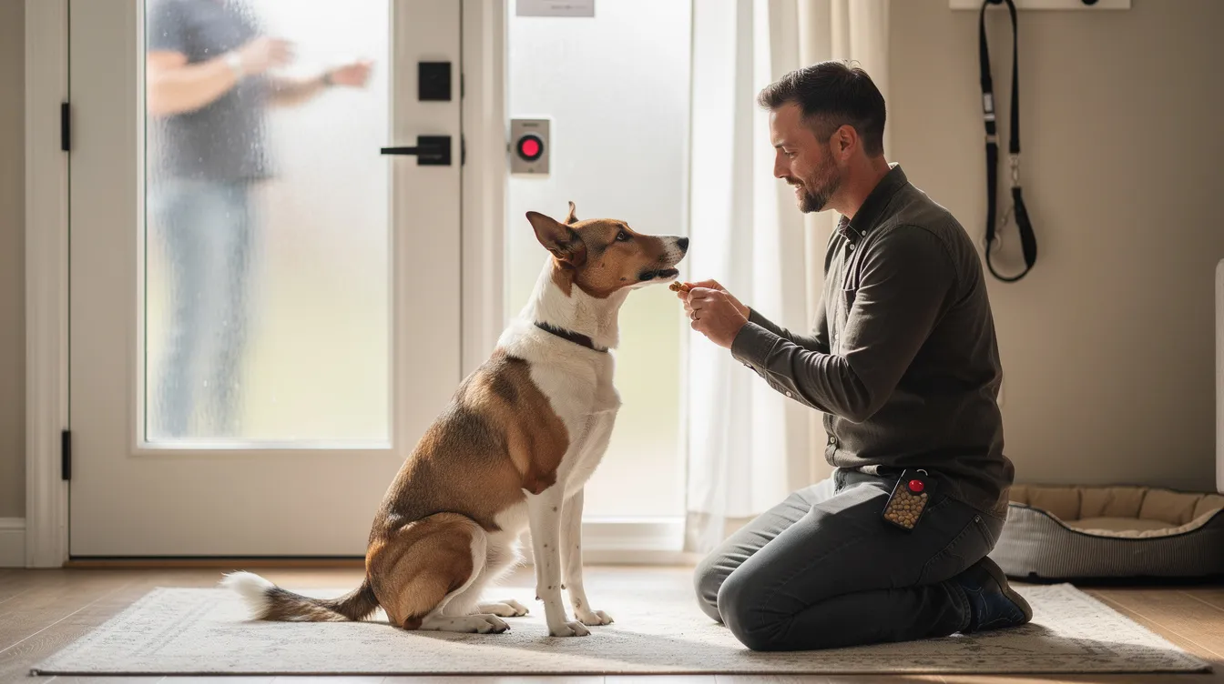The image depicts a calm dog sitting in a designated spot near the front door, attentively waiting as the doorbell rings. The dog's relaxed demeanor contrasts with the sound of the doorbell, illustrating effective training sessions aimed at reducing barking at the doorbell.
