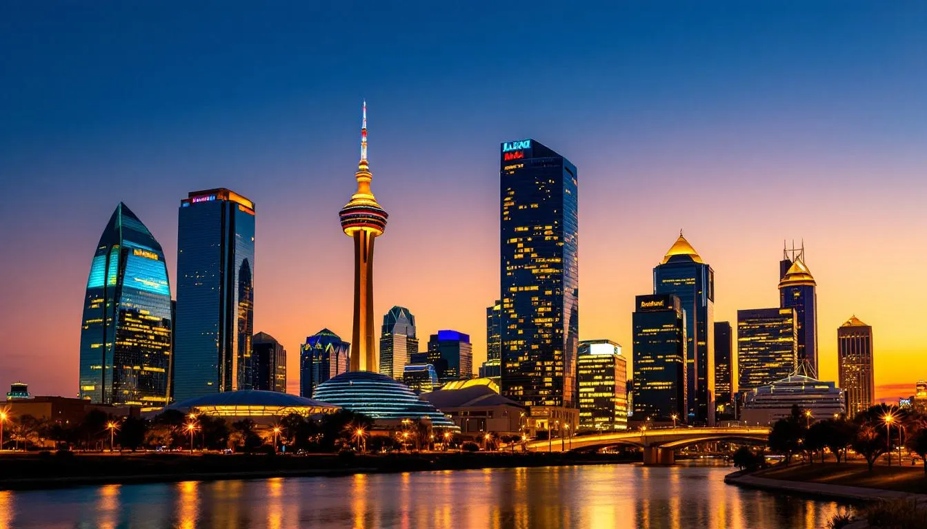 Dallas Cigar Rollers : Experience Skilled Artisans The image captures the vibrant Dallas, Texas skyline, showcasing a mix of modern skyscrapers and historical architecture against a bright blue sky. This urban landscape embodies the spirit of Dallas, a city known for its upscale events, memorable experiences, and unique flair, making it an ideal backdrop for corporate events and celebrations like weddings or golf tournaments.