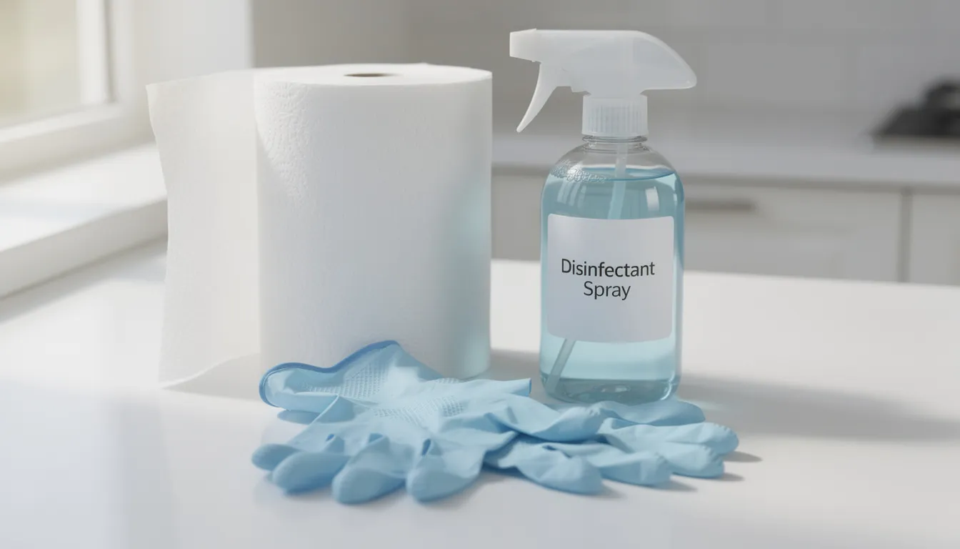 The image shows a collection of cleanup supplies including disposable gloves, paper towels, and a disinfectant spray bottle, essential for handling biohazardous materials and ensuring proper precautions during biohazard cleanup. These items are crucial for protecting against health risks associated with infectious diseases and other bodily fluids.