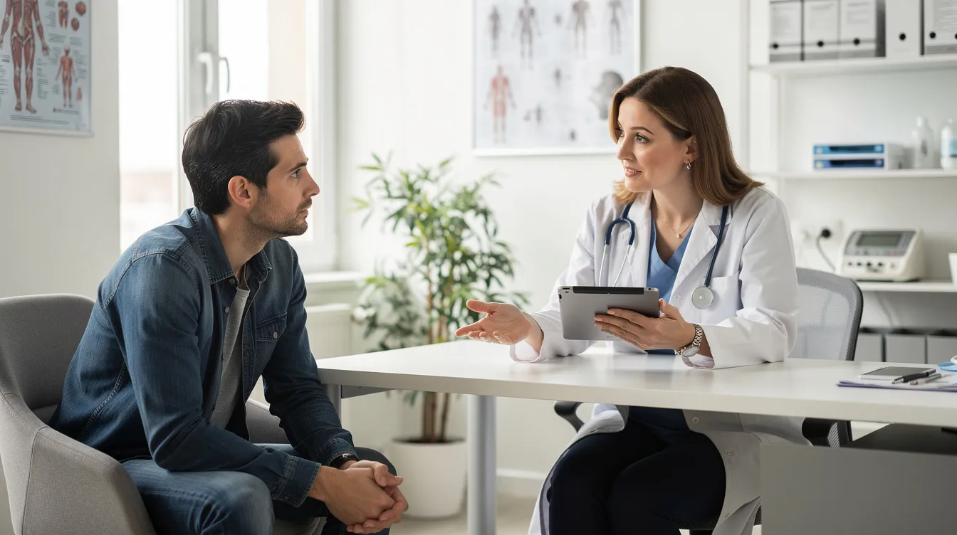 The image depicts a person engaged in a consultation with a healthcare provider in a bright, well-lit office, discussing topics related to hemp-derived CBD products and their potential effects on the body. The atmosphere is professional and welcoming, suggesting a focus on health and wellness.