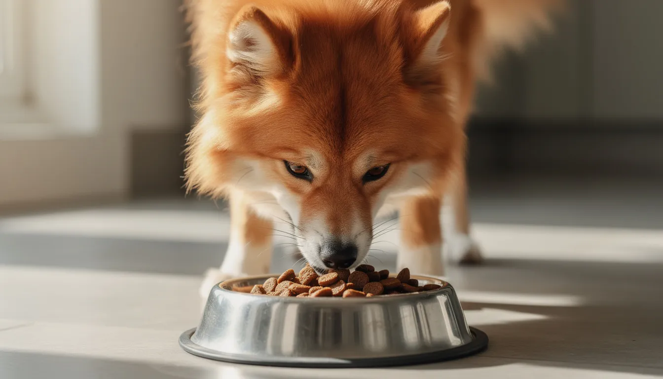 A lively Finnish Spitz is happily eating high-quality kibble from a dog bowl, showcasing its fox-like appearance with erect ears and a plumed tail. This adult dog, known as the national dog of Finland, enjoys a nutritious meal that supports its active lifestyle and healthy weight.