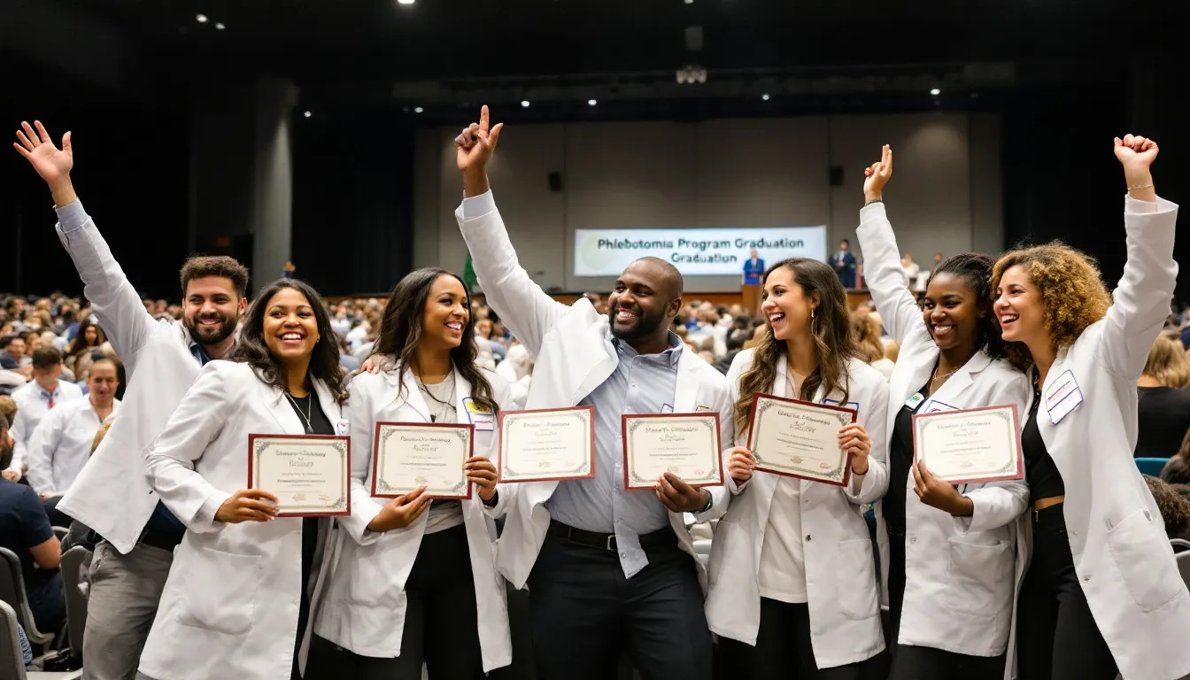 In the image, recent phlebotomy graduates joyfully celebrate their completion ceremony, proudly holding their certificates as certified phlebotomy technicians. The scene captures the excitement and achievement of these healthcare professionals, marking their successful journey through the phlebotomy program.