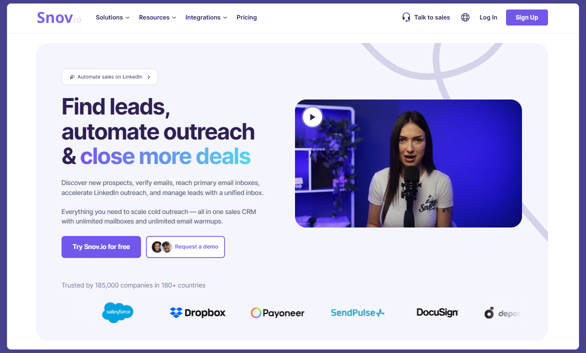Snov.io homepage, a tool for finding leads, automate outreach and integrations that connect the platform with email outreach platforms and marketing tools.