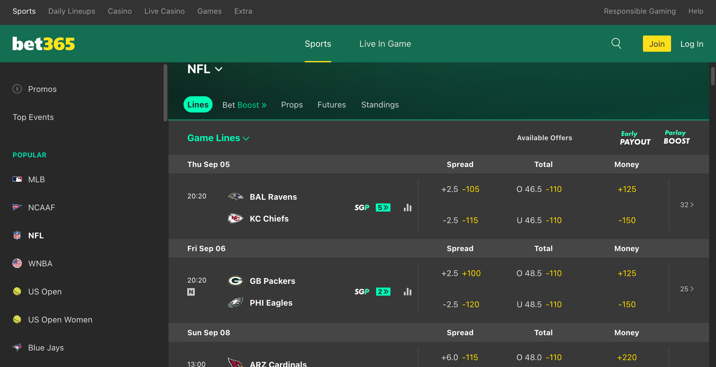 A desktop view of bet365's NFL offerings in Canada.