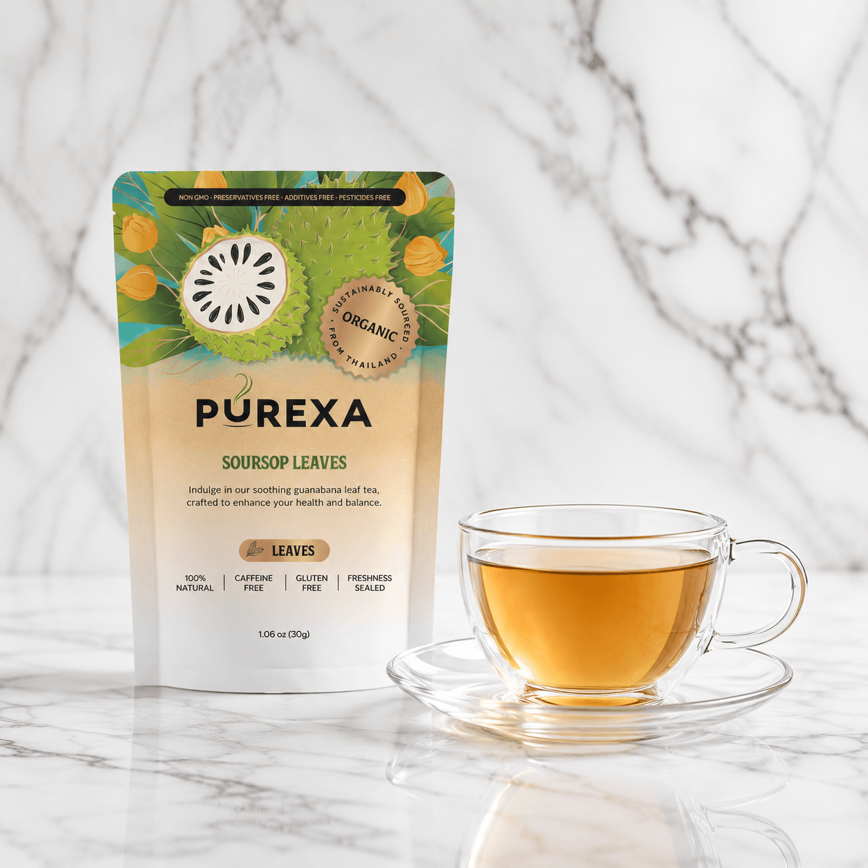 A clean minimalist presentation featuring a stand-up pouch of PUREXA organic soursop leaves standing next to a glass teacup of hot herbal tea on a white marble background.