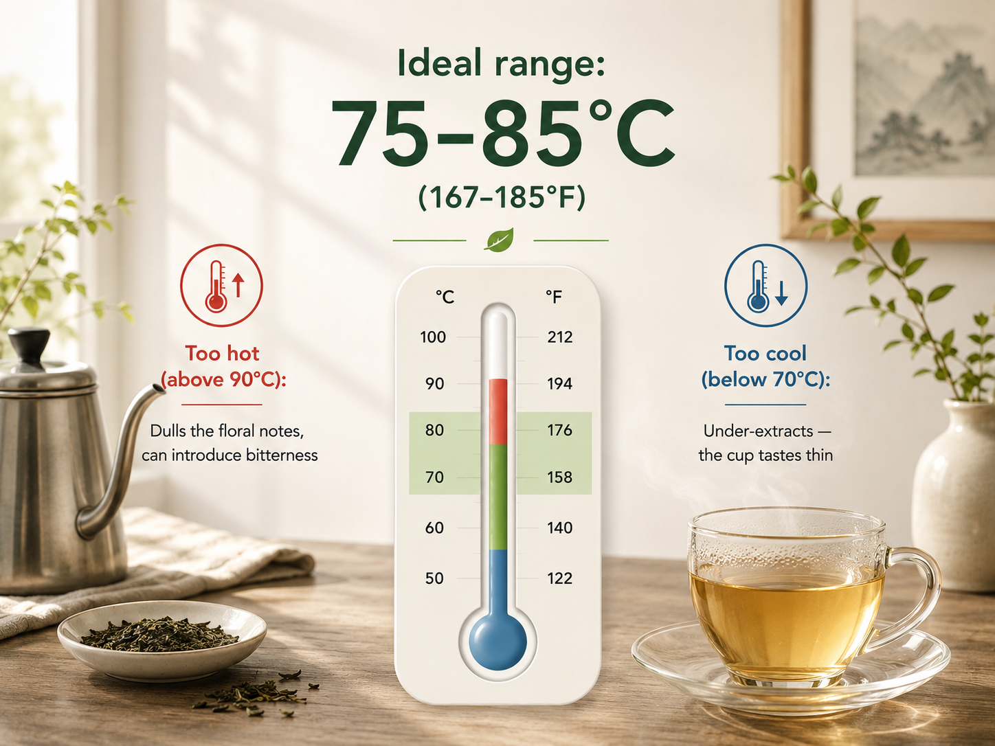 White teaIdeal range: 75–85°C (167–185°F)