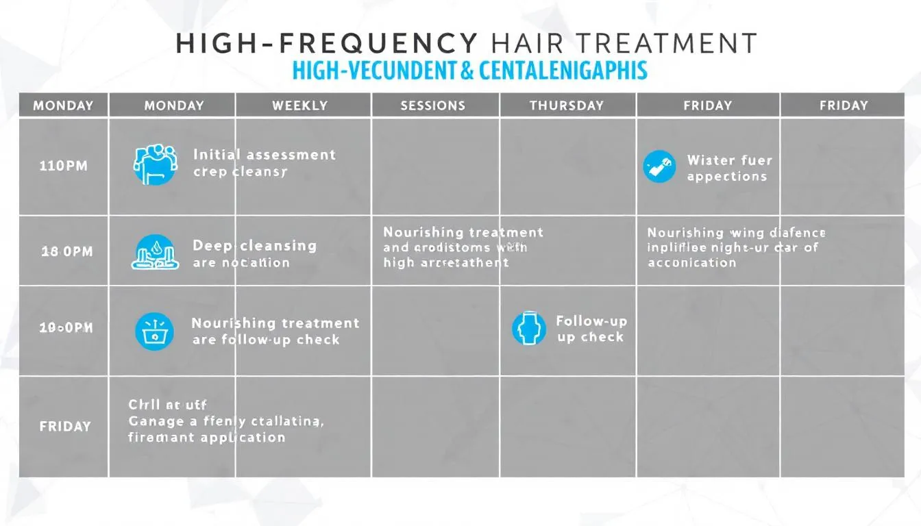 El cronograma de sesiones de tratamiento de alta frecuencia capilar muestra un plan detallado para abordar problemas como la caída del cabello y la alopecia, utilizando electrodos para estimular el cuero cabelludo y promover la regeneración de los folículos. Este procedimiento se enfoca en mejorar la salud y densidad del cabello, ofreciendo beneficios estéticos a los clientes.