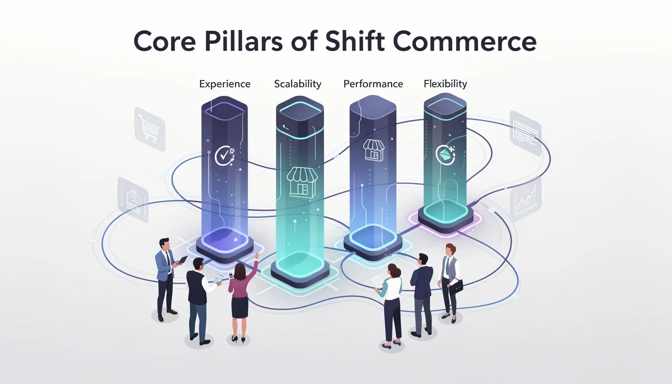 The image illustrates the core pillars of Shift Commerce, emphasizing essential elements for e-commerce SEO such as keyword research, technical SEO, and site structure. It highlights strategies for optimizing product pages and enhancing organic traffic through effective use of search engines like Google and structured data.