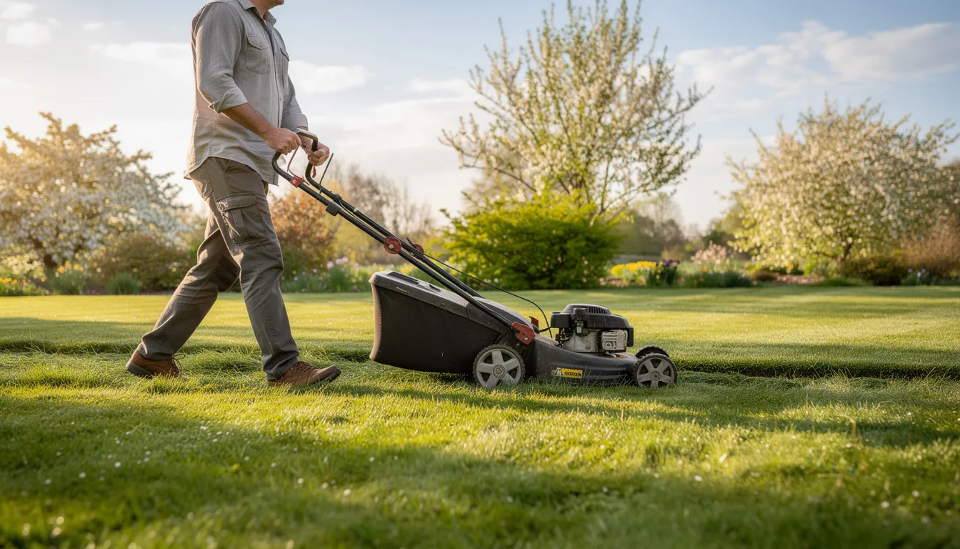 A person is pushing a lawn mower across a lush green lawn on a bright spring morning, demonstrating regular maintenance for a healthy lawn. The scene captures the essence of lawn care, with vibrant grass showcasing the results of proper lawn feed and care advice.
