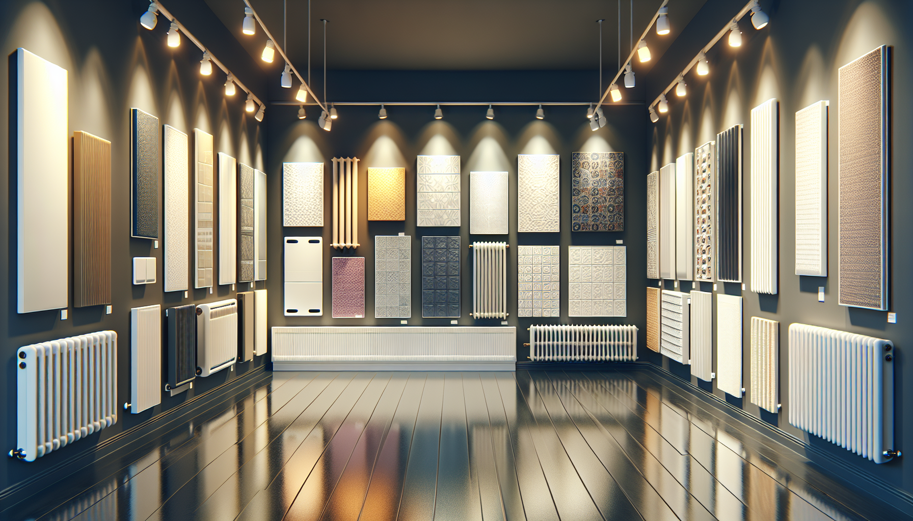 A diverse range of flat panel radiators displayed in a showroom.