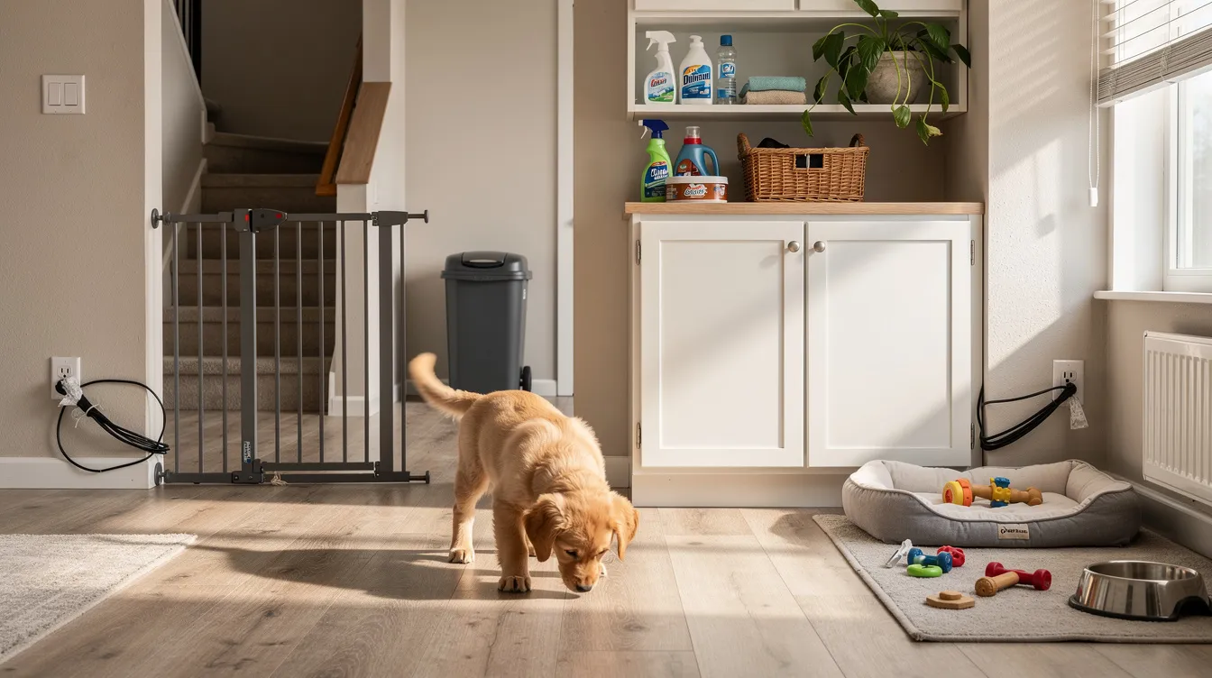The image depicts a cozy living room that has been carefully puppy proofed, showcasing chew toys scattered around, baby gates blocking off certain areas, and electrical cords secured out of reach. A curious puppy is seen exploring its safe space, while cleaning supplies and potential hazards are neatly stored away, ensuring a secure environment for the new furry family member.