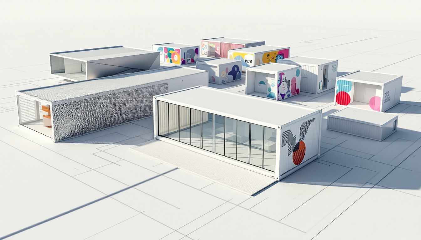 An overview of container offices showcasing various designs.