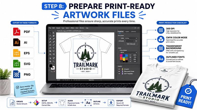 Print-production checklist for exporting T-shirt artwork files in required formats.