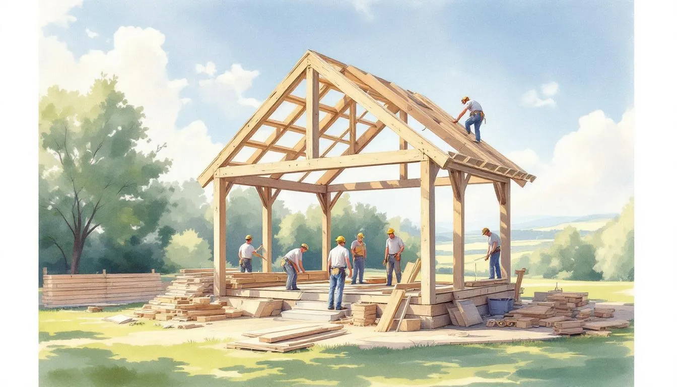 The building process of an oak framed pool house being illustrated.
