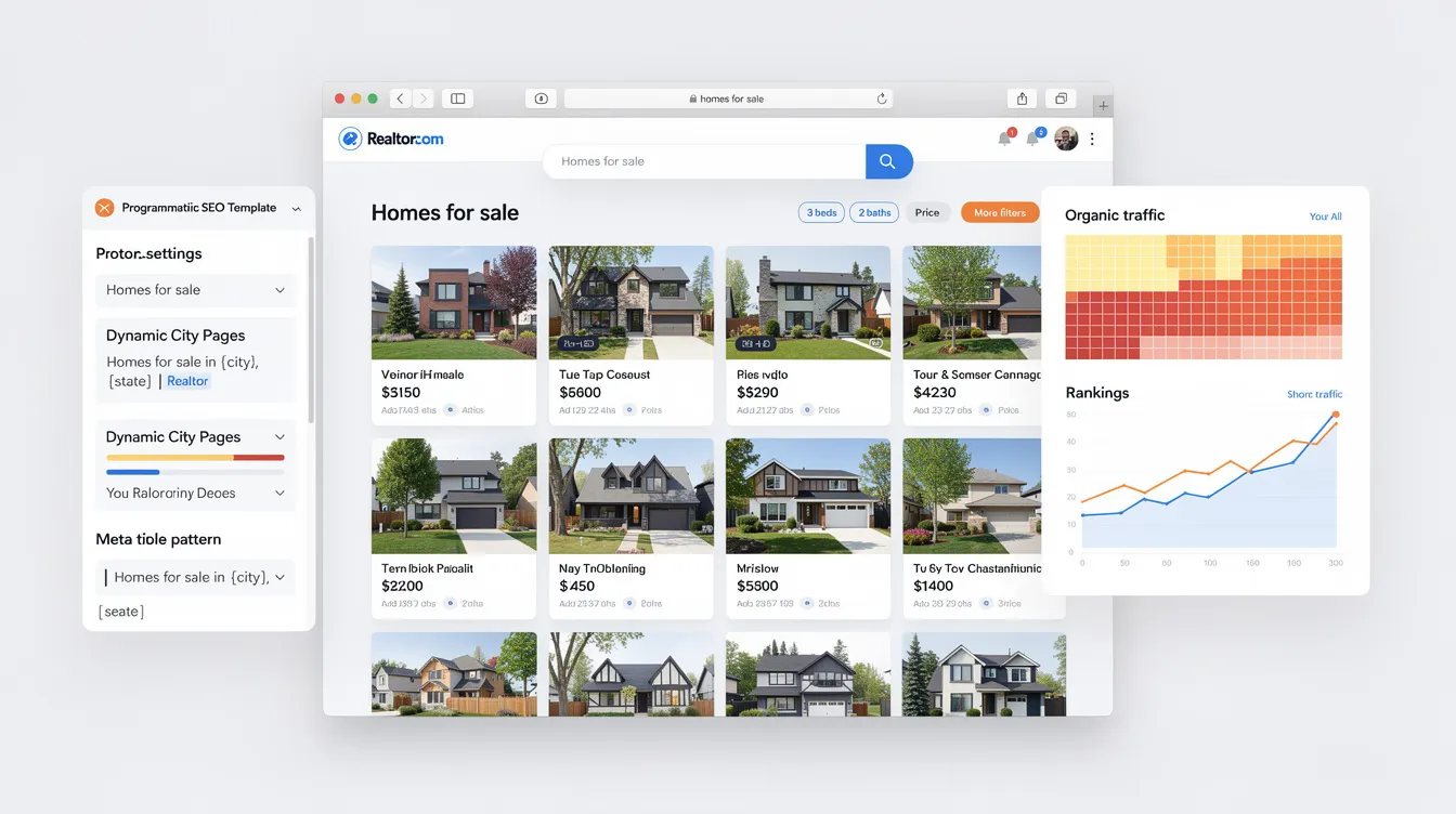 The image showcases a detailed overview of a Realtor.com website implementing a programmatic SEO strategy, featuring optimized landing pages and programmatic pages designed to target long tail keywords. It highlights the use of structured data and meta titles to enhance search engine visibility and improve keyword rankings, ultimately aiming to increase organic traffic through effective user search intent analysis.